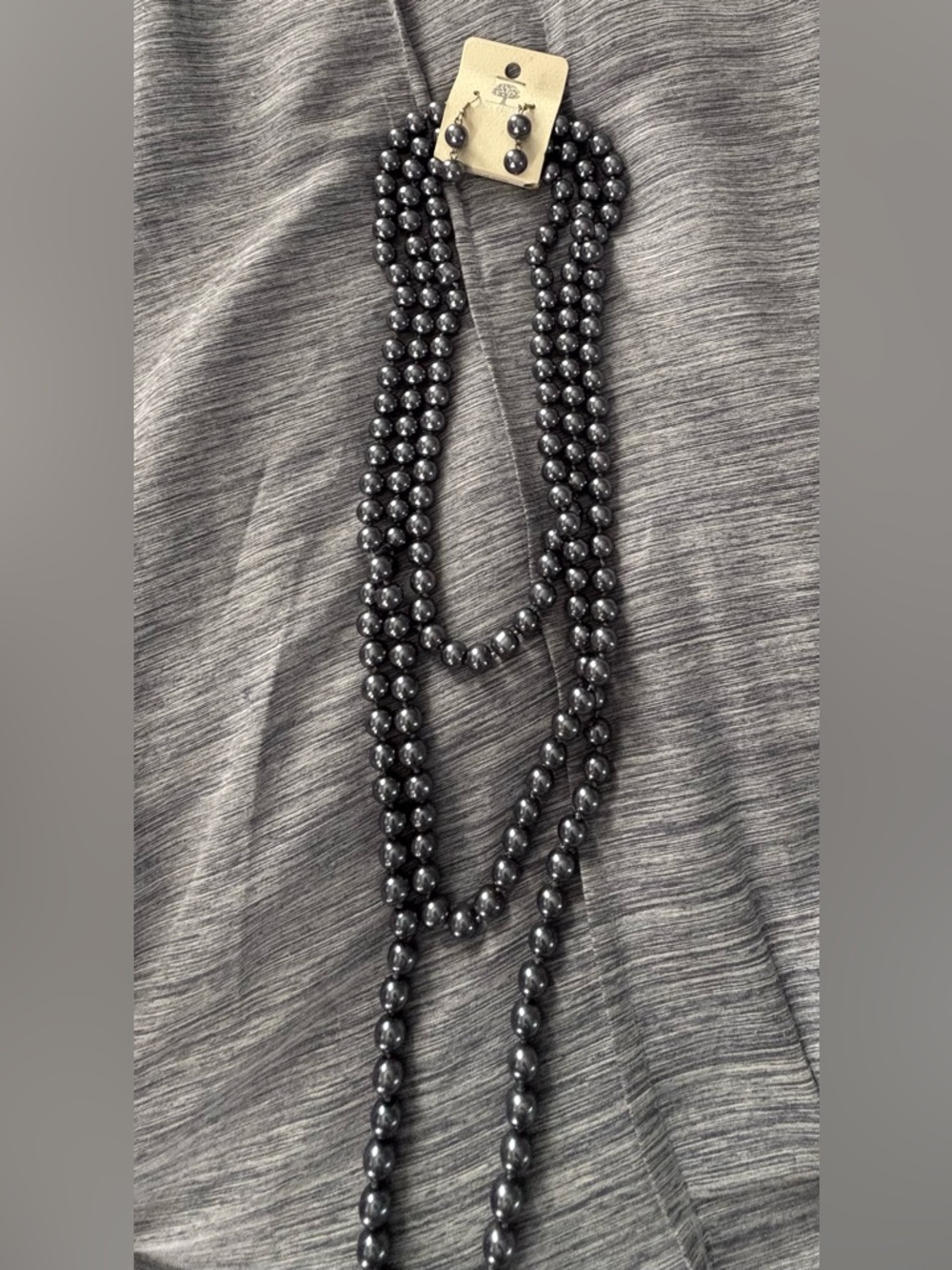 Layered Dark Gray Pearl Necklace with Matching Earrings - Women Jewelry